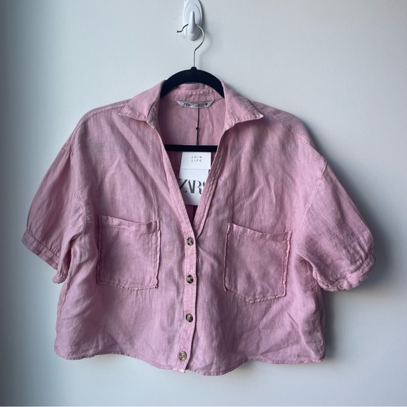 CROPPED LINEN SHIRT BUTTON DOWN - Picture 2 of 5